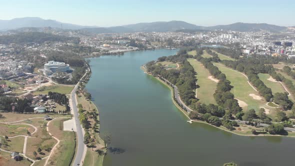 Aerial view of Da Lat city beautiful tourism destination in central highlands Vietnam. Clear blue sk