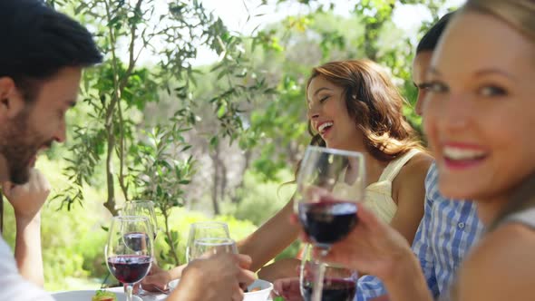 Group of friends toasting red wine glasses