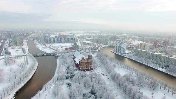Aerial view of the Cathedral in Kaliningrad in the wintertime