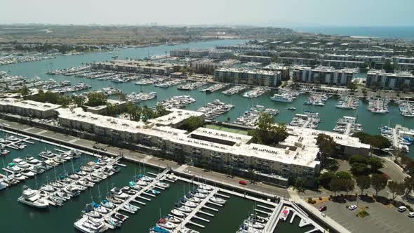 Aerial shot of a Marina and ocean in California