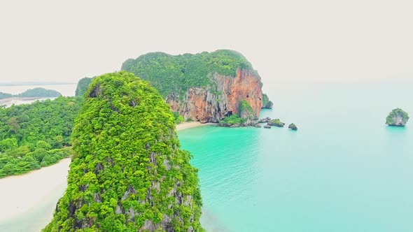 Aerial View of Tropical Sea Beach and Rocks Islands, Thailand