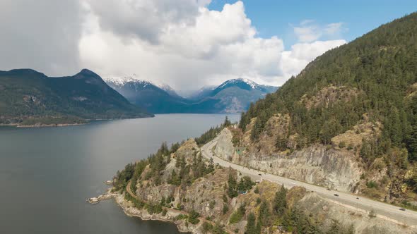 Aerial Time Lapse Hyperlapse View of Sea to Sky Highway in Howe Sound