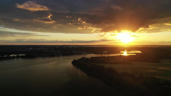 Picturesque Sunset on the Drozdy Reservoir with a View of the City of Minsk.Belarus