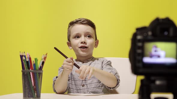  A boy siting at home and does school homework, quarantine home distance learning.