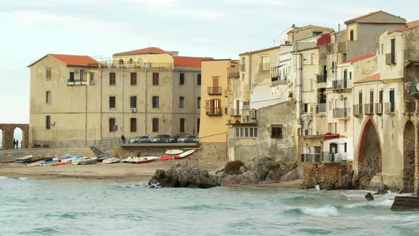 Historic Buildings in Cefalu Old Town at Sunset