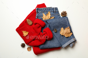 Sweater, jeans, cones and leaves on white background / Photodune, Misc