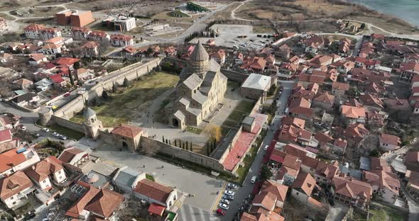 Aerial view of Orthodox Svetitskhoveli Cathedral in Mtskheta, Georgia