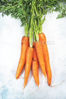 Fresh spring carrots bunch on grey table background. Top view with copy space / Photodune, Misc