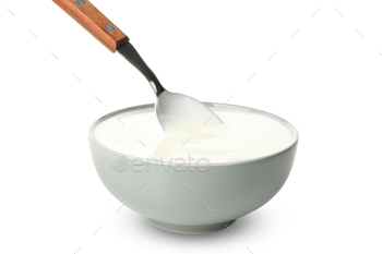 Bowl of sour cream yogurt and spoon isolated on white background / Photodune, Misc