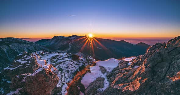 Winter is Coming, Beautiful Sunset in Alps Mountains Nature Evening Landscape with First Snow