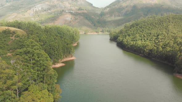 Aerial View Beautiful Nature with Mountains and Hills By Lake Mattupetty