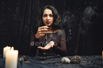 d art vintage astrology. Fortune teller woman reading future on magical tarot cards.