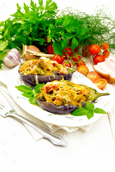 Eggplant stuffed smoked brisket in plate on light board / Photodune, Misc