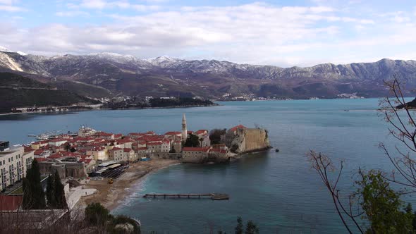 Snow in the Mountains Over the Old Town of Budva Montenegro