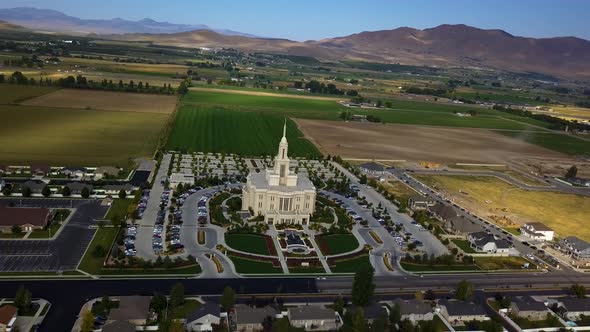 Aerial view of the Church of Jesus Christ of Latter Day Saints temple in Payson, UT on a beautiful c