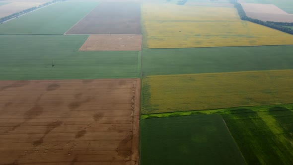 Aerial Drone View Flight Over Different Agricultural Fields Sown