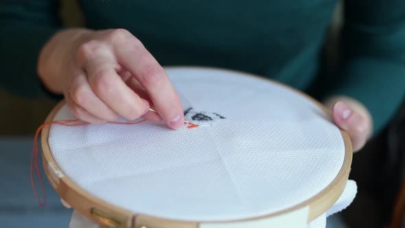 a needle with a thread create a pattern on the canvas in the hands of a girl