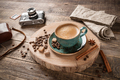 Cup of hot coffee on wooden table. Retro style - PhotoDune Item for Sale