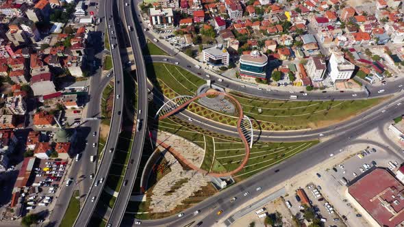 Aerial View of Roundabout Road with Cars in Small Turkish City