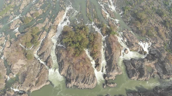 Aerial: flying over Don Det and the 4000 islands Mekong River in Laos