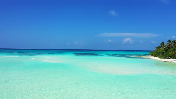 Wide overhead copy space shot of a white paradise beach and aqua blue ocean background in high resol