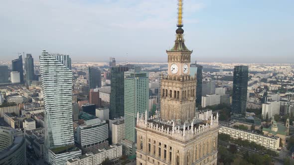 Aerial view of the Palace of Culture and Science and skyscrapers business center, city center. Sunny