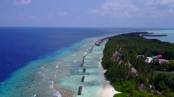 Drone panorama of bay beach break by clear sea and sand background