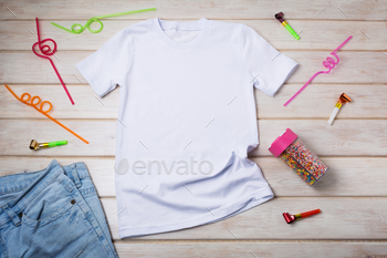 Placeit – Kids T-shirt mockup with birthday party drinking straw / Photodune, Misc