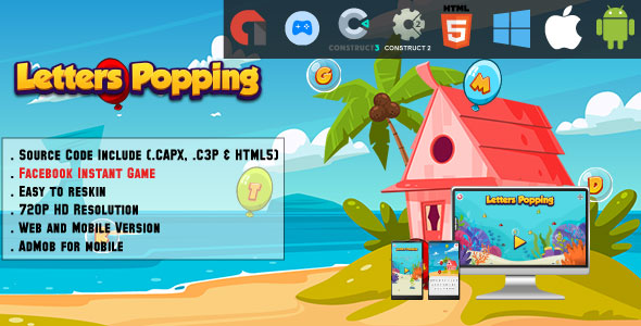 Letters popping - HTML5 Game - Web, Mobile and FB Instant games(CAPX, C3p and HTML5)