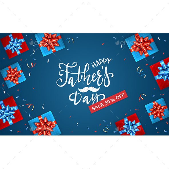 Fathers Day Sale and Gift Boxes on Blue Background