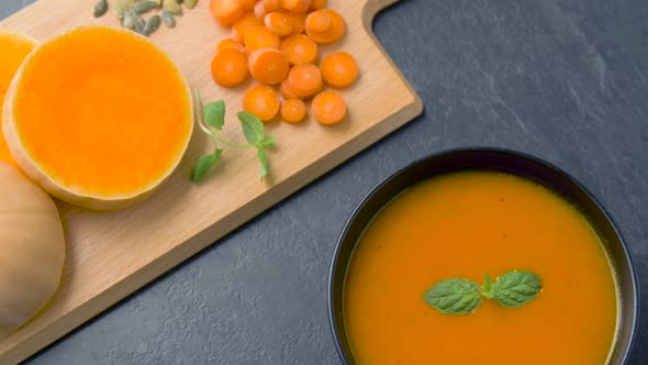 Close Up of Vegetable Pumpkin Cream Soup in Bowl 