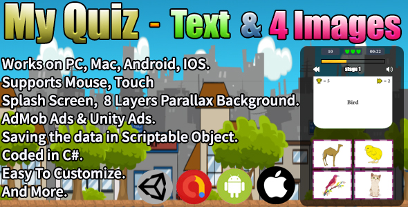 My Quiz - Text & 4 Images (Unity Complete Project + AdMob Ads & Unity Ads)