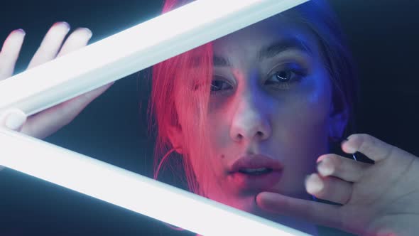 Neon Light Face Cyberpunk Beauty Pink Blue Woman