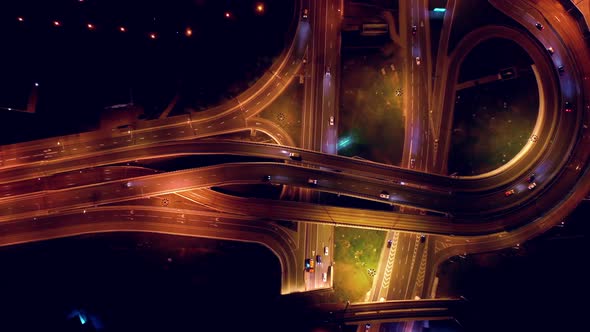 Freeway Intersection Traffic Trails in Night Moscow