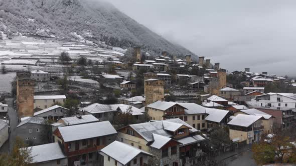 Aerial Winter Scenery of Svan Towers Covered with Snow