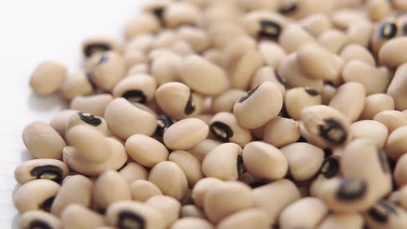 Kidney black eyed beans falling in slow motion on a white dish. Dry uncooked legumes. Macro