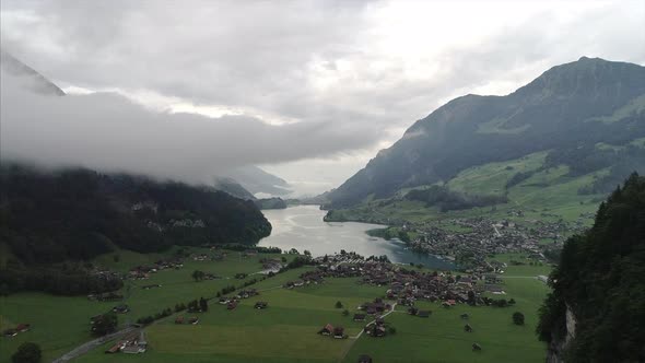 Flying Towards Lungern Lake and Village 