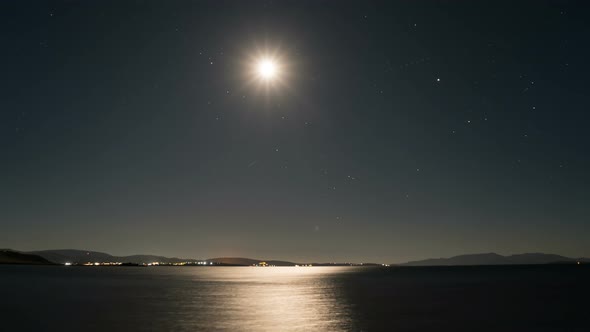 Time Lapse Pan of Full Moon Stars and Reflecting Off Sea Waves Near Lemnos, Greece