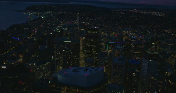 Seattle Aerial Flying Above Skyscraper Night North View Waterfront City Coast