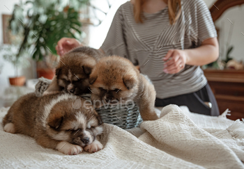 Small newborn puppies in the hands of the owner. / Photodune, Misc