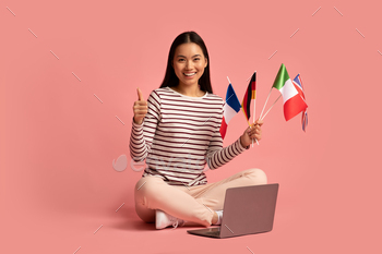 s And Laptop And Showing Thumb Up, Positive Millennial Korean Student Woman Recommending Website For Learning Foreign Languages Online, Copy Space