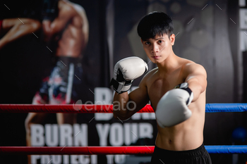 Young man shirtless pose in boxing gloves at fitness gym / Photodune, Misc
