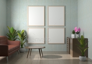 Picture frame attached to the wall, with chairs and vases placed on the table. / Photodune, Misc
