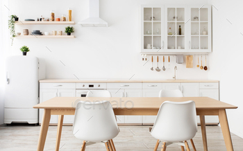 Scandinavian interior design. Light kitchen furniture and dining table, different utensils and / Photodune, Misc