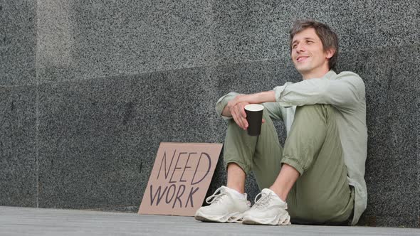 Millennial Homeless Guy Laid Off From Office Left Without Cash Looking for Job Begging for Alms