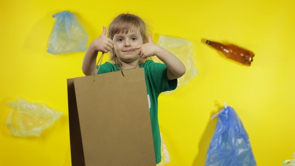 Girl Activist with Cellophane and Paper Packages. Reduce Plastic Pollution. Save Ecology Environment