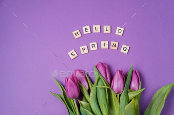 Purple tulips on a violet background and wooden letters. Spring concept / Photodune, Misc