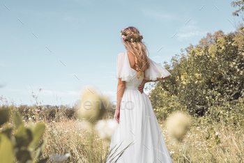 back view of tender young blonde bride walking on beautiful field / Photodune, Misc