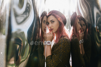 attractive girl with pink hair with reflection in metal, Wroclaw, Poland / Photodune, Misc