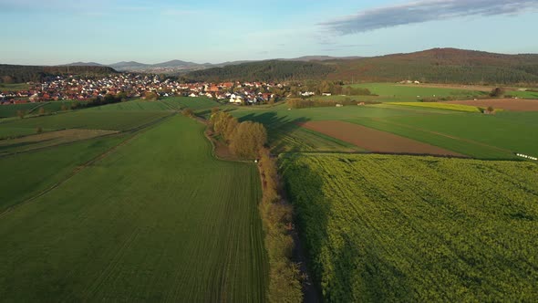 Aerial view of a village with photovoltaic on the roofs, Marbach, Germany.